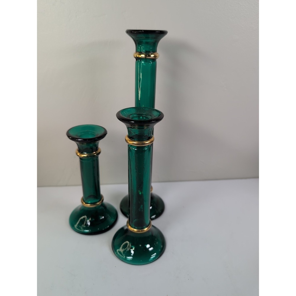 Pier One Set Of Green Glass Candlestick Holders / Bud Vases